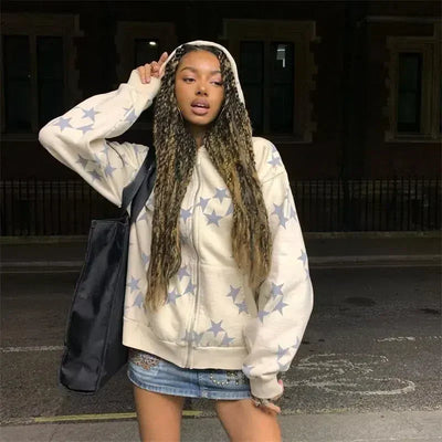 GRAY STAR-PATTERNED HOODED ZIP-UP SWEATSHIRT STAR HOODIES JACKET