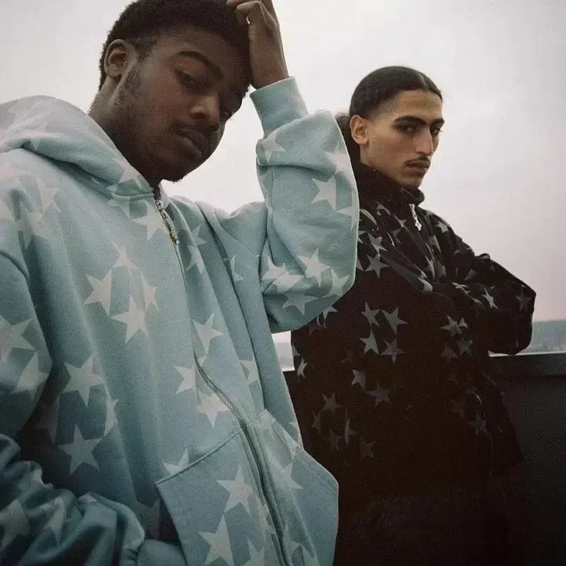 GRAY STAR-PATTERNED HOODED ZIP-UP SWEATSHIRT STAR HOODIES JACKET
