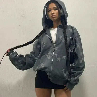 GRAY STAR-PATTERNED HOODED ZIP-UP SWEATSHIRT STAR HOODIES JACKET