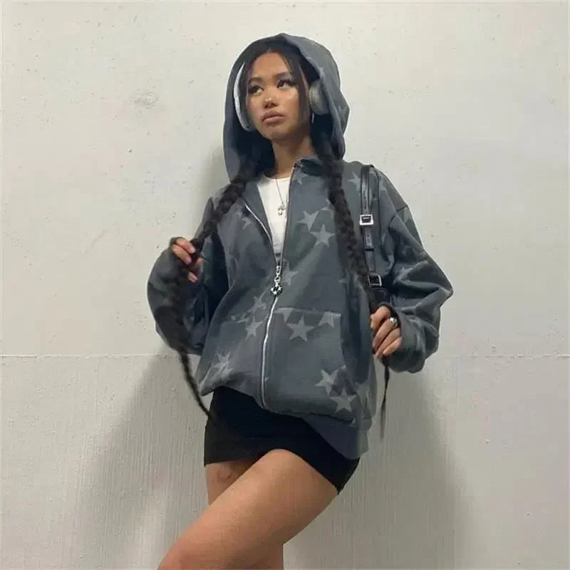 GRAY STAR-PATTERNED HOODED ZIP-UP SWEATSHIRT STAR HOODIES JACKET