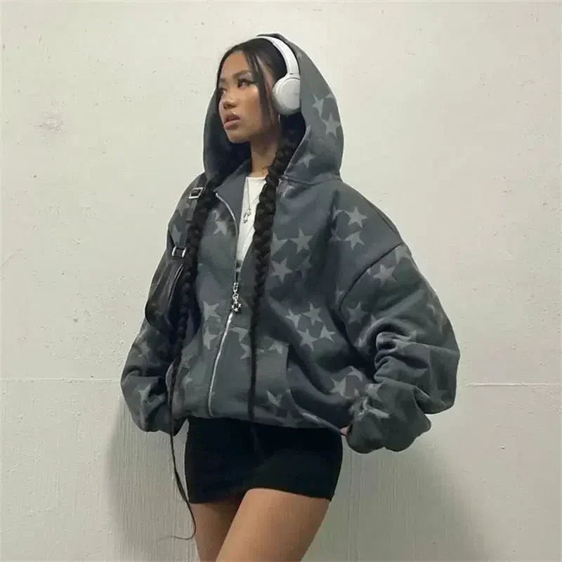 GRAY STAR-PATTERNED HOODED ZIP-UP SWEATSHIRT STAR HOODIES JACKET