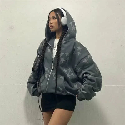 GRAY STAR-PATTERNED HOODED ZIP-UP SWEATSHIRT STAR HOODIES JACKET