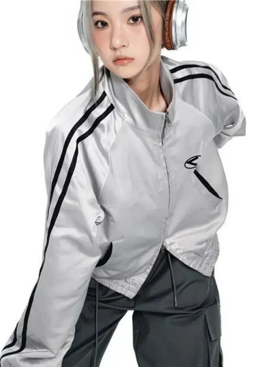 GRAY TRACK JACKET WITH BLACK STRIPES - VINTAGE CYBER Y2K STYLE