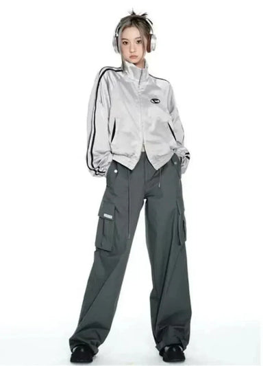 GRAY TRACK JACKET WITH BLACK STRIPES - VINTAGE CYBER Y2K STYLE