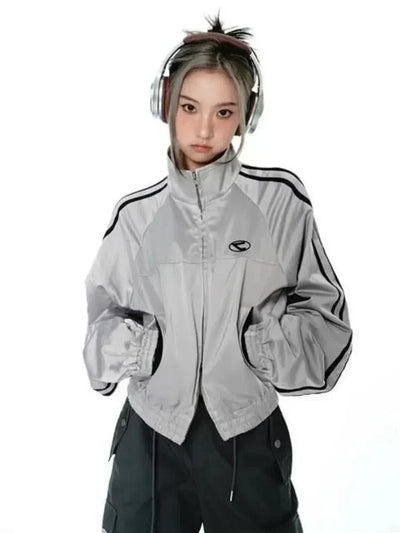 GRAY TRACK JACKET WITH BLACK STRIPES - VINTAGE CYBER Y2K STYLE