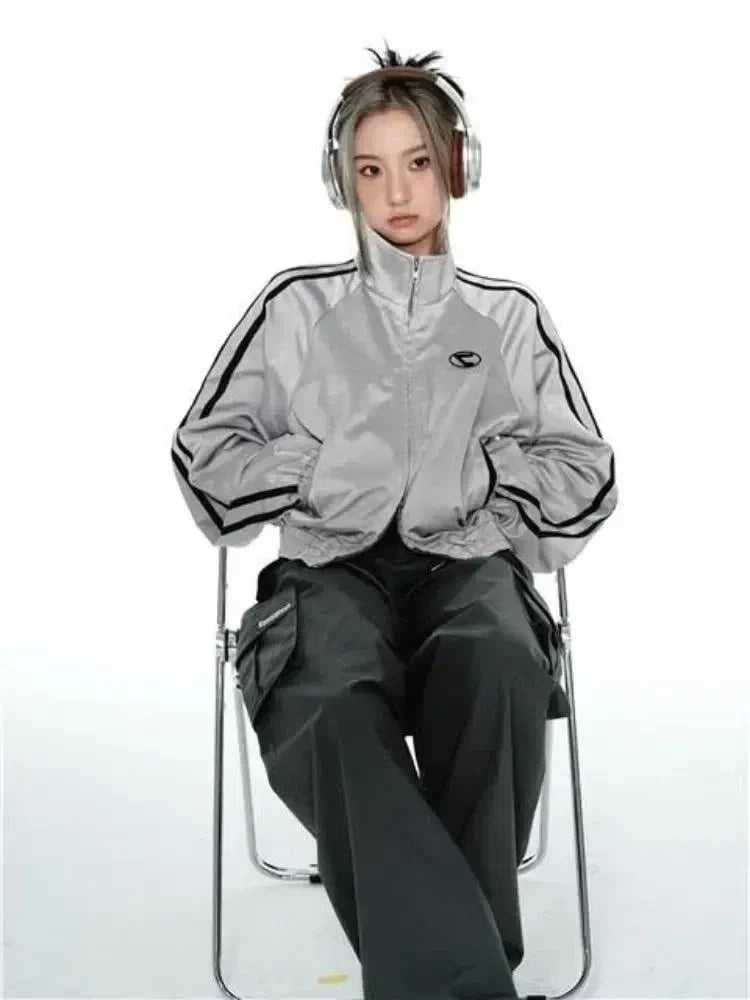 GRAY TRACK JACKET WITH BLACK STRIPES - VINTAGE CYBER Y2K STYLE