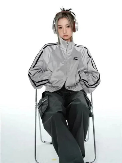 GRAY TRACK JACKET WITH BLACK STRIPES - VINTAGE CYBER Y2K STYLE