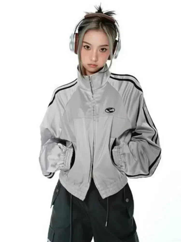 GRAY TRACK JACKET WITH BLACK STRIPES - VINTAGE CYBER Y2K STYLE