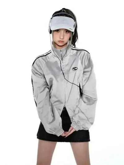 GRAY TRACK JACKET WITH BLACK STRIPES - VINTAGE CYBER Y2K STYLE
