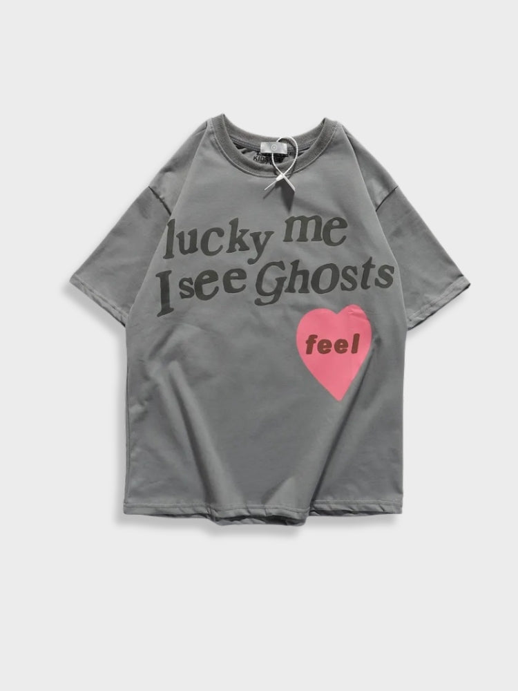 GRAY UNISEX TEE SHIRT WITH HEART GRAPHIC AND TEXT DESIGN