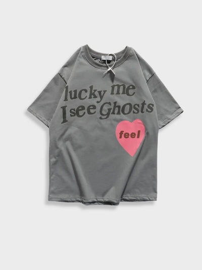 GRAY UNISEX TEE SHIRT WITH HEART GRAPHIC AND TEXT DESIGN