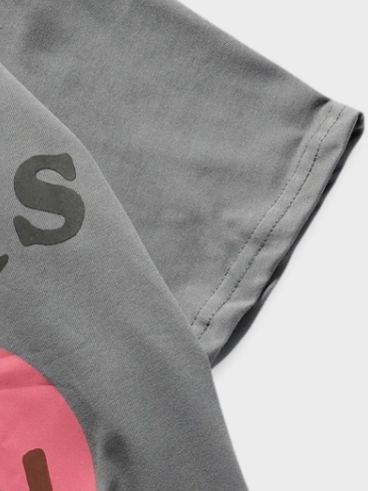 GRAY UNISEX TEE SHIRT WITH HEART GRAPHIC AND TEXT DESIGN
