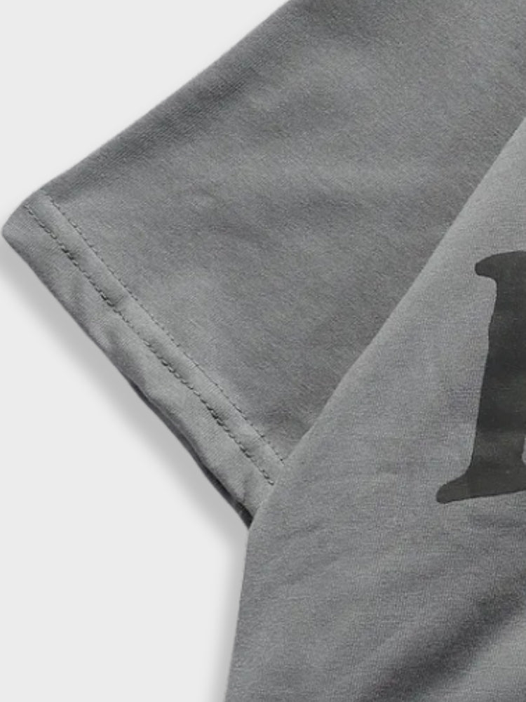 GRAY UNISEX TEE SHIRT WITH HEART GRAPHIC AND TEXT DESIGN
