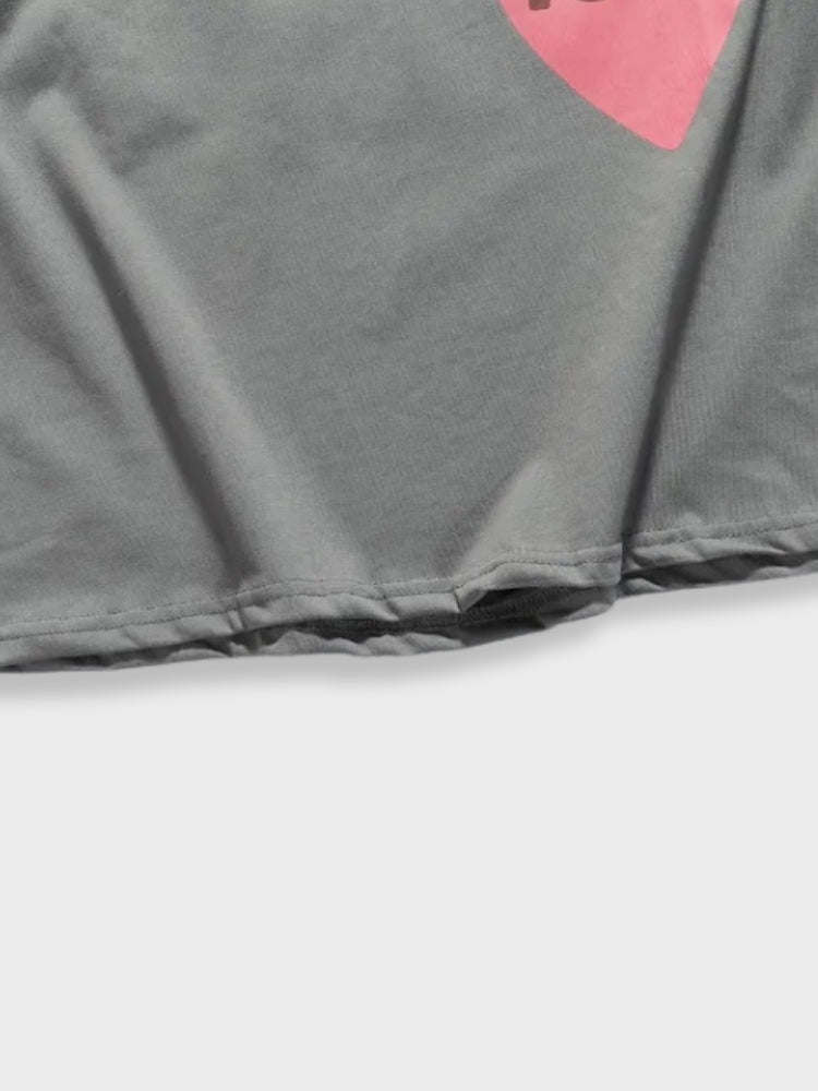 GRAY UNISEX TEE SHIRT WITH HEART GRAPHIC AND TEXT DESIGN