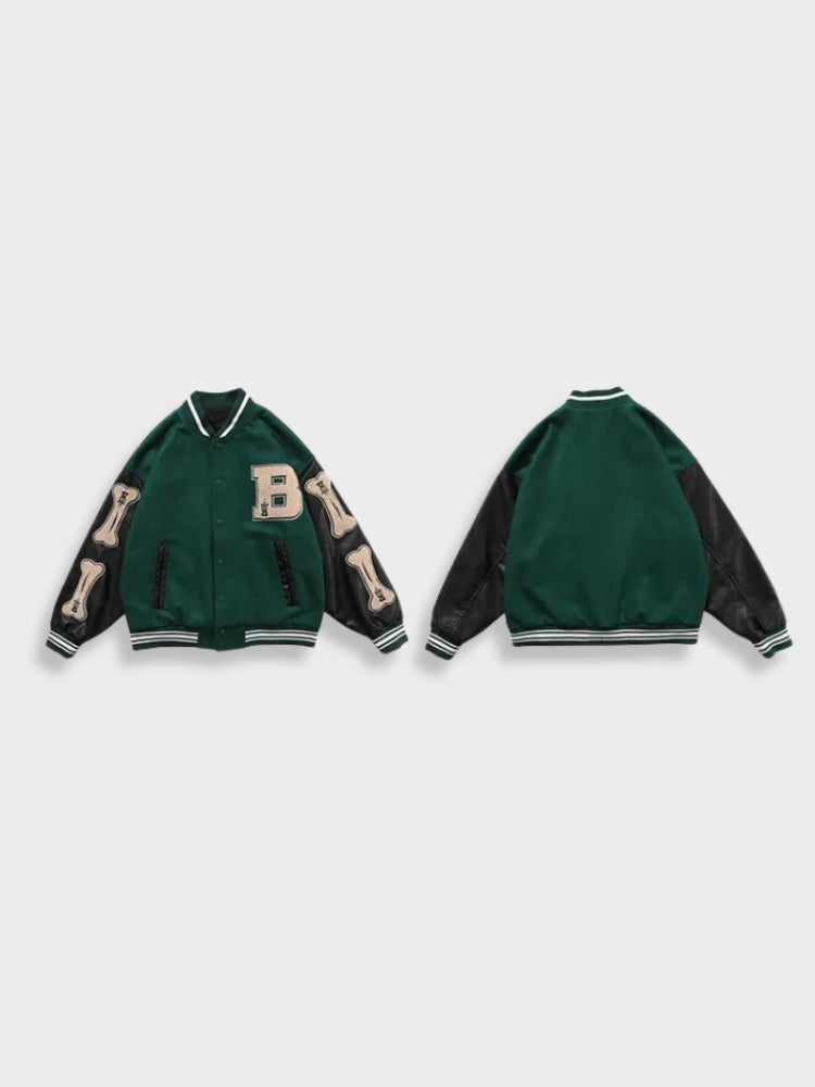GREEN AND BLACK VARSITY JACKET WITH BONE ACCENTS - UNIVERSITY JACKET