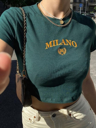 GREEN MILANO CROP TOP SHIRT WITH EMBROIDERY
