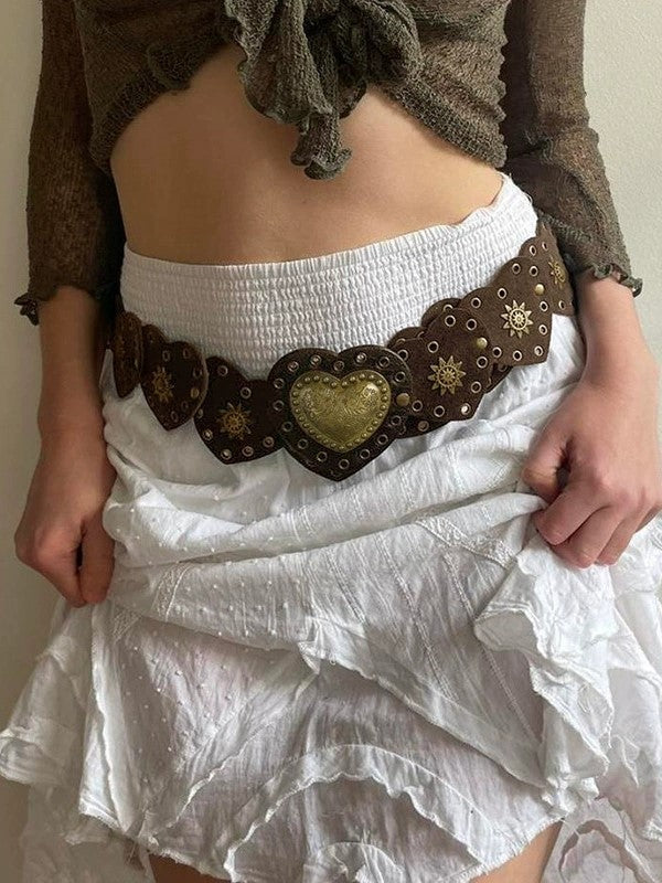 HEART-SHAPED LEATHER BELT WITH GOLD ACCENTS AND GEOMETRIC PU LEATHER DETAIL