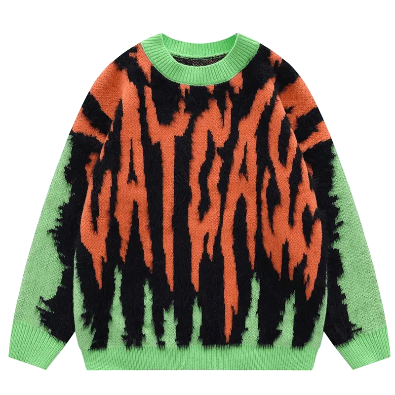 KNITTED SWEATER IN GREEN AND ORANGE - GREEN ORANGE KNITTED DESIGN