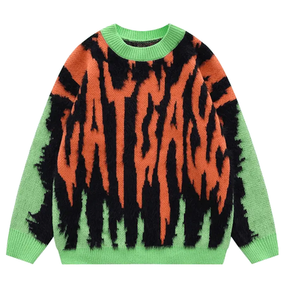 KNITTED SWEATER IN GREEN AND ORANGE - GREEN ORANGE KNITTED DESIGN
