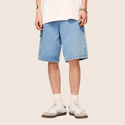 LIGHT BLUE DENIM SHORTS VINTAGE WASHED HIP HOP STYLE