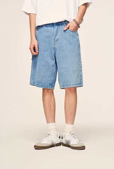 LIGHT BLUE DENIM SHORTS VINTAGE WASHED HIP HOP STYLE