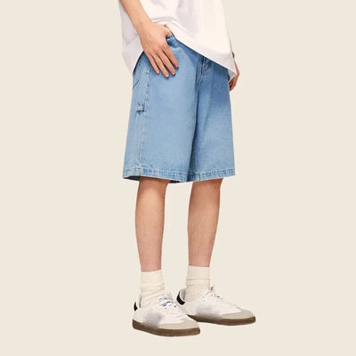 LIGHT BLUE DENIM SHORTS VINTAGE WASHED HIP HOP STYLE