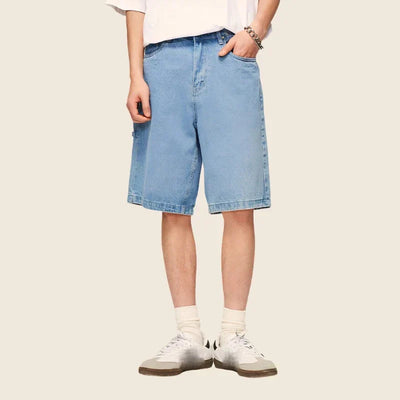 LIGHT BLUE DENIM SHORTS VINTAGE WASHED HIP HOP STYLE