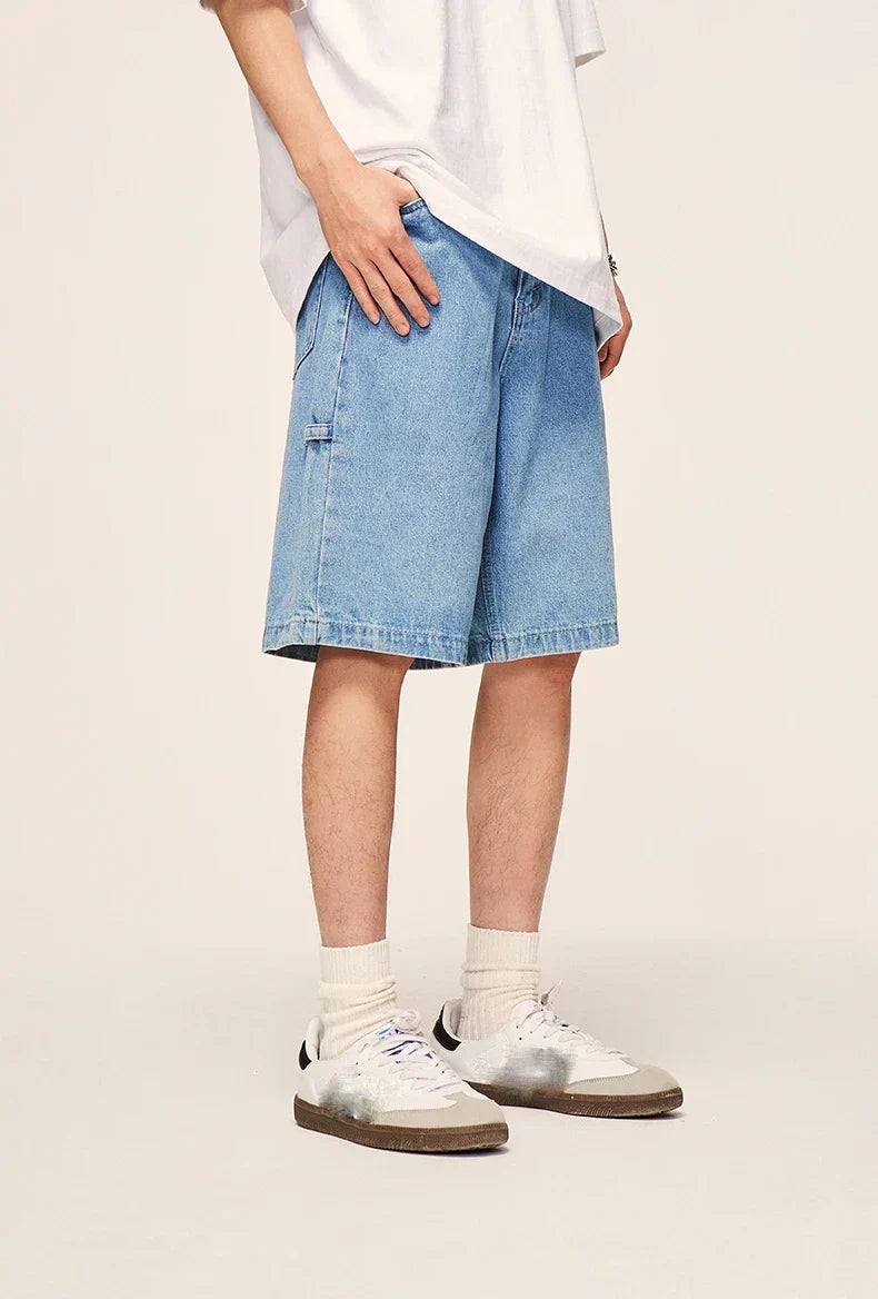 LIGHT BLUE DENIM SHORTS VINTAGE WASHED HIP HOP STYLE