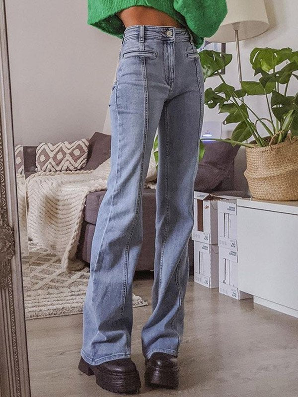 LIGHT BLUE HIGH-WAISTED FLARED TROUSERS WITH RED STAR DETAIL