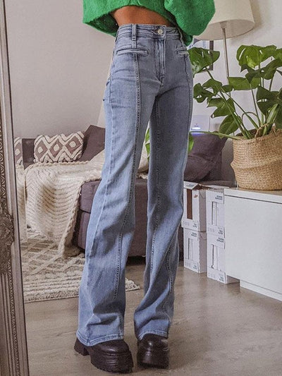 LIGHT BLUE HIGH-WAISTED FLARED TROUSERS WITH RED STAR DETAIL