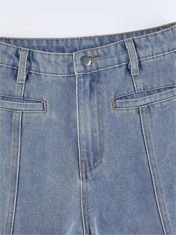 LIGHT BLUE HIGH-WAISTED FLARED TROUSERS WITH RED STAR DETAIL