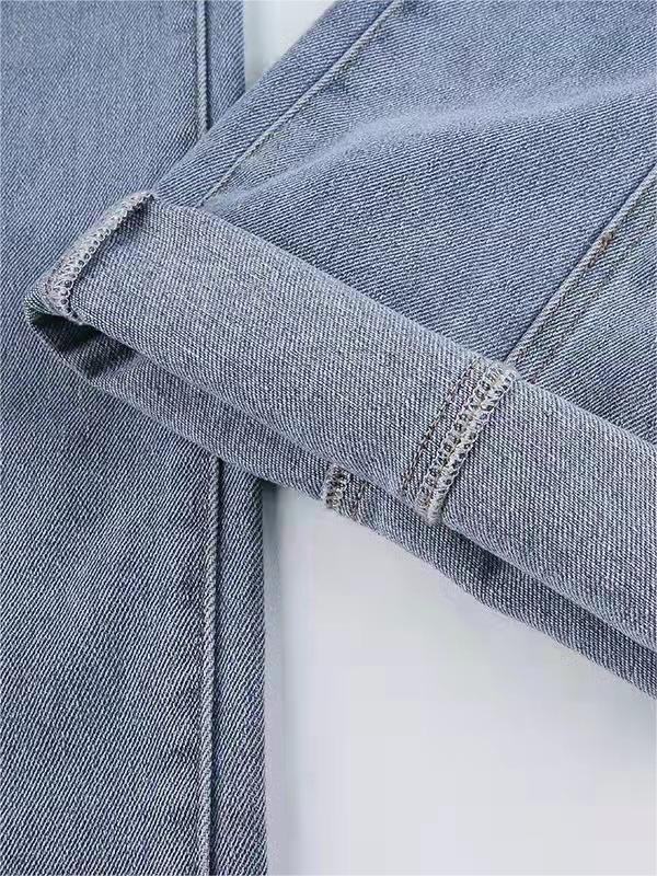 LIGHT BLUE HIGH-WAISTED FLARED TROUSERS WITH RED STAR DETAIL
