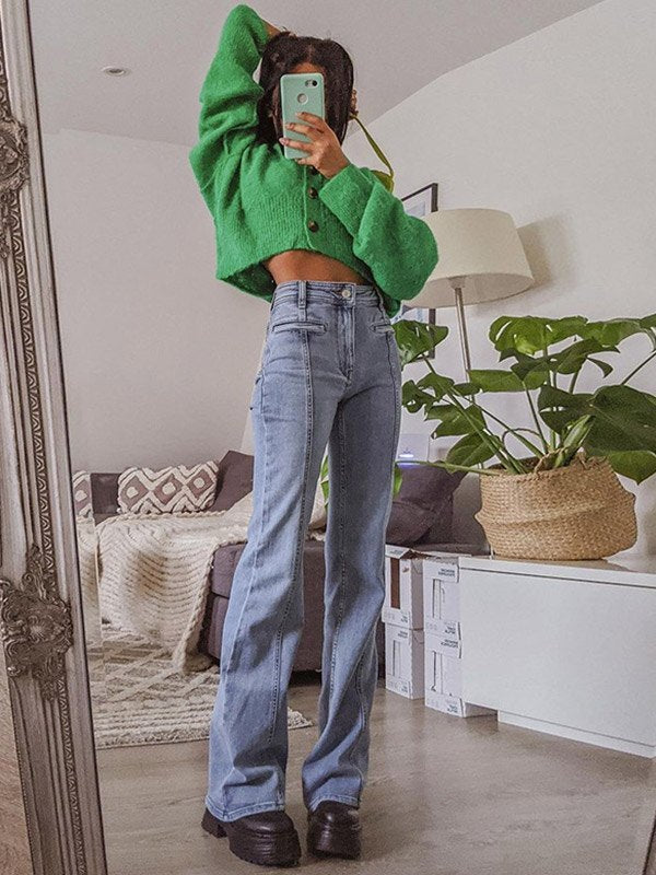 LIGHT BLUE HIGH-WAISTED FLARED TROUSERS WITH RED STAR DETAIL
