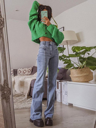 LIGHT BLUE HIGH-WAISTED FLARED TROUSERS WITH RED STAR DETAIL