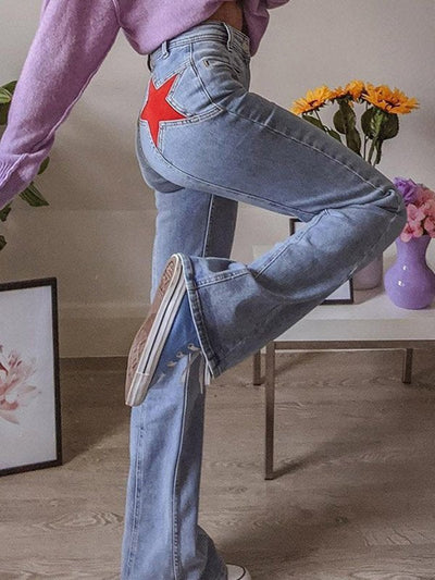 LIGHT BLUE HIGH-WAISTED FLARED TROUSERS WITH RED STAR DETAIL
