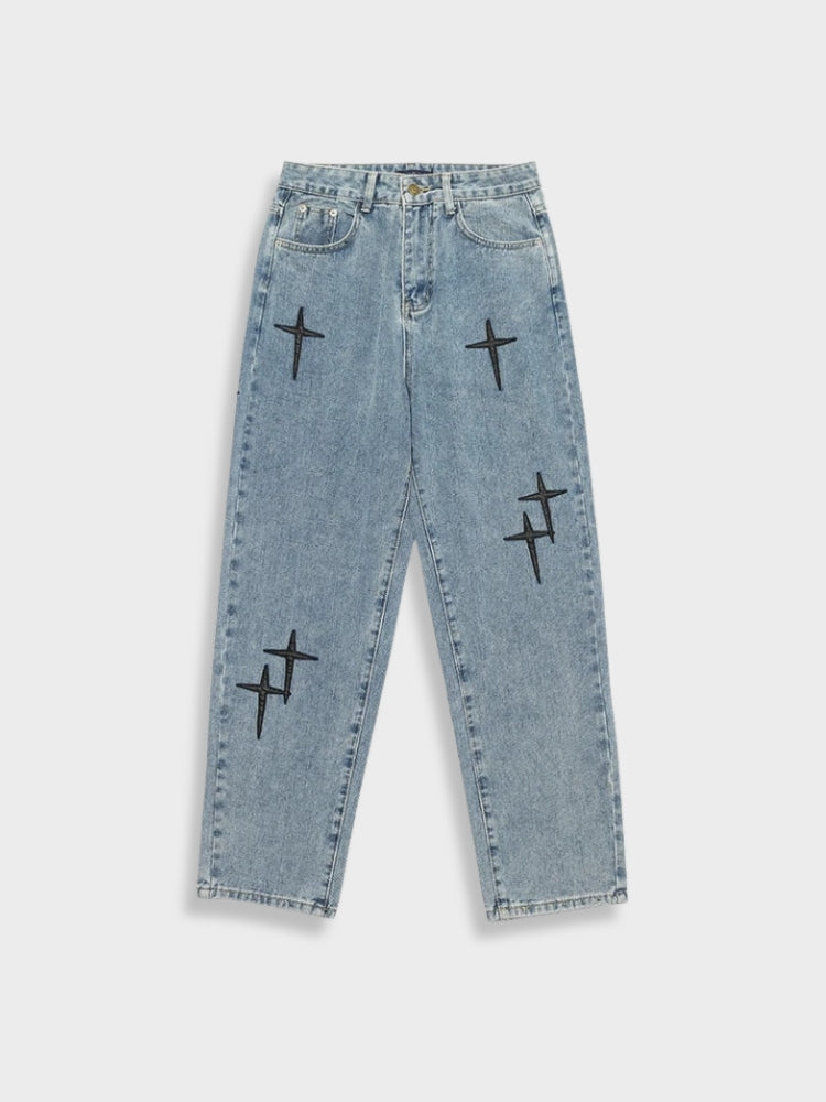 LIGHT BLUE JEANS WITH BLACK CROSS DESIGNS - COMFORTABLE COTTON FIT