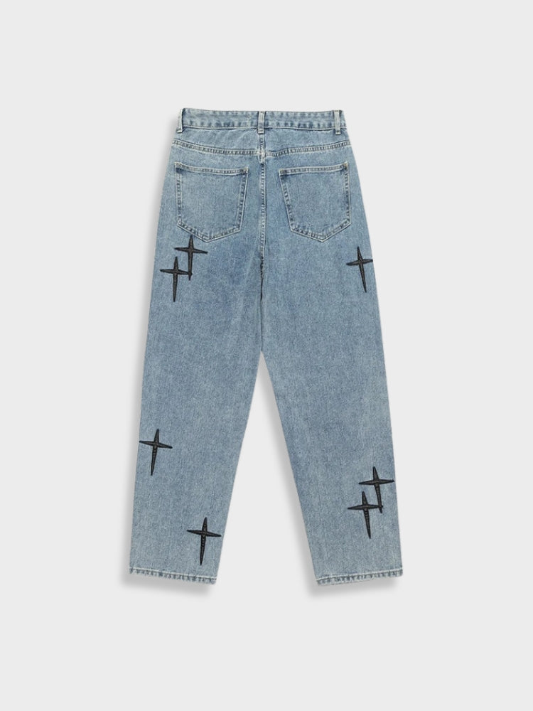 LIGHT BLUE JEANS WITH BLACK CROSS DESIGNS - COMFORTABLE COTTON FIT