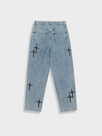 LIGHT BLUE JEANS WITH BLACK CROSS DESIGNS - COMFORTABLE COTTON FIT