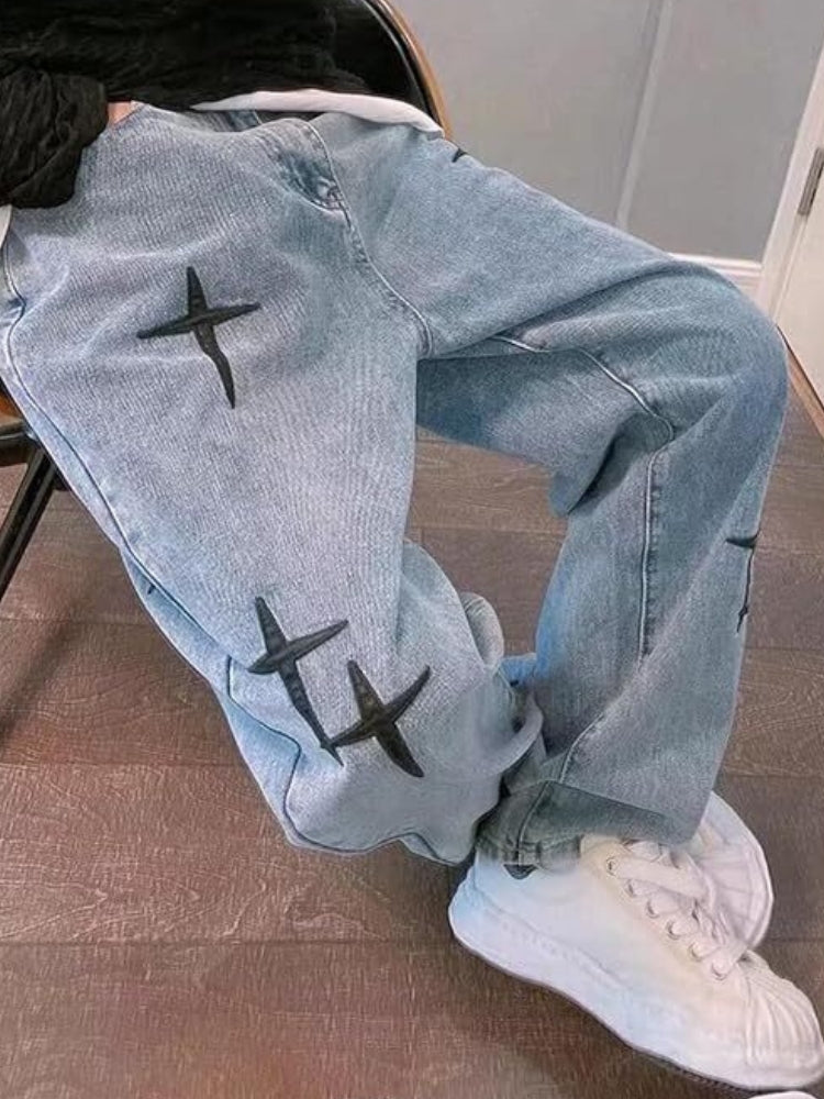 LIGHT BLUE JEANS WITH BLACK CROSS DESIGNS - COMFORTABLE COTTON FIT