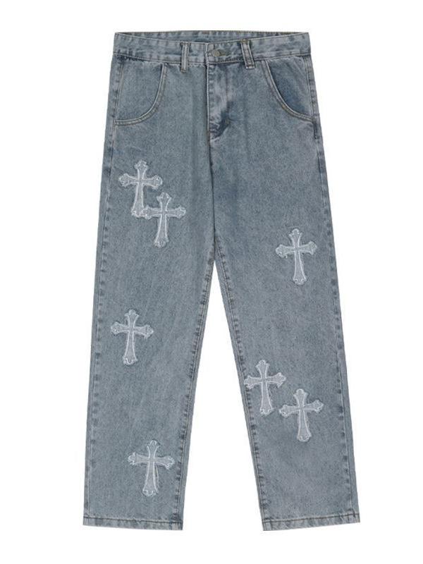 LIGHT BLUE LOOSE FIT CROSS PATCH JEANS