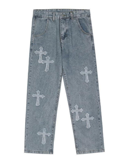 LIGHT BLUE LOOSE FIT CROSS PATCH JEANS