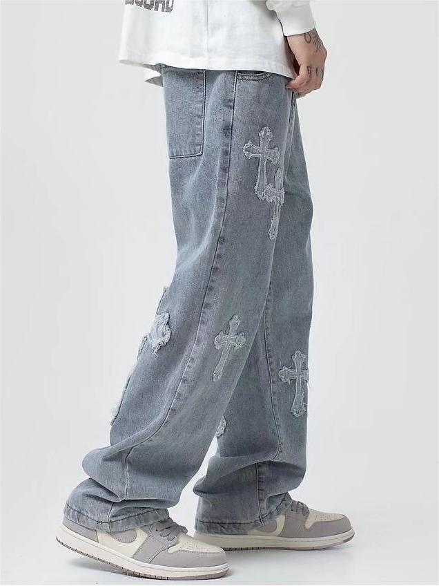 LIGHT BLUE LOOSE FIT CROSS PATCH JEANS