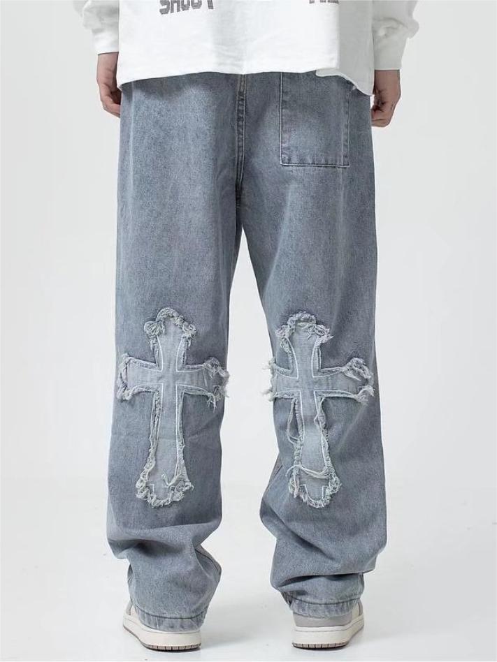 LIGHT BLUE LOOSE FIT CROSS PATCH JEANS