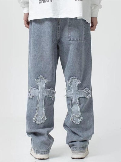 LIGHT BLUE LOOSE FIT CROSS PATCH JEANS