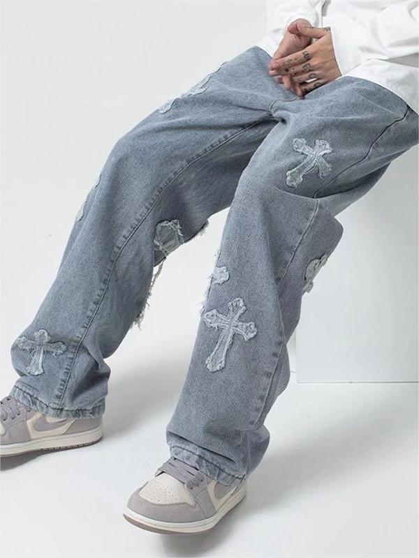 LIGHT BLUE LOOSE FIT CROSS PATCH JEANS