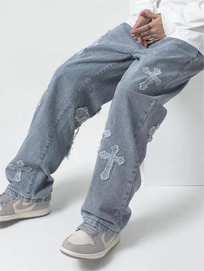 LIGHT BLUE LOOSE FIT CROSS PATCH JEANS
