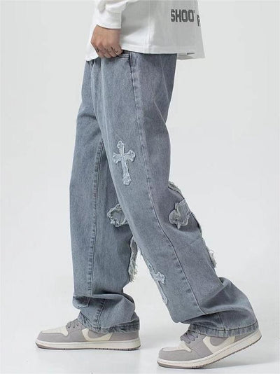 LIGHT BLUE LOOSE FIT CROSS PATCH JEANS