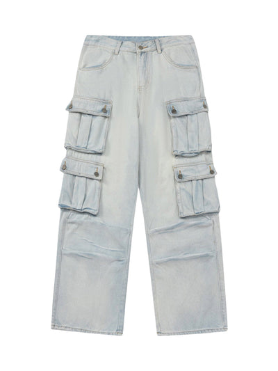 LIGHT BLUE CARGO JEANS WITH MID WAIST AND STRAIGHT LEG DESIGN