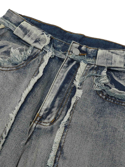 DISTRESSED GRAY DENIM CARGO PANTS MID WAIST STRAIGHT LEG COTTON BLEND