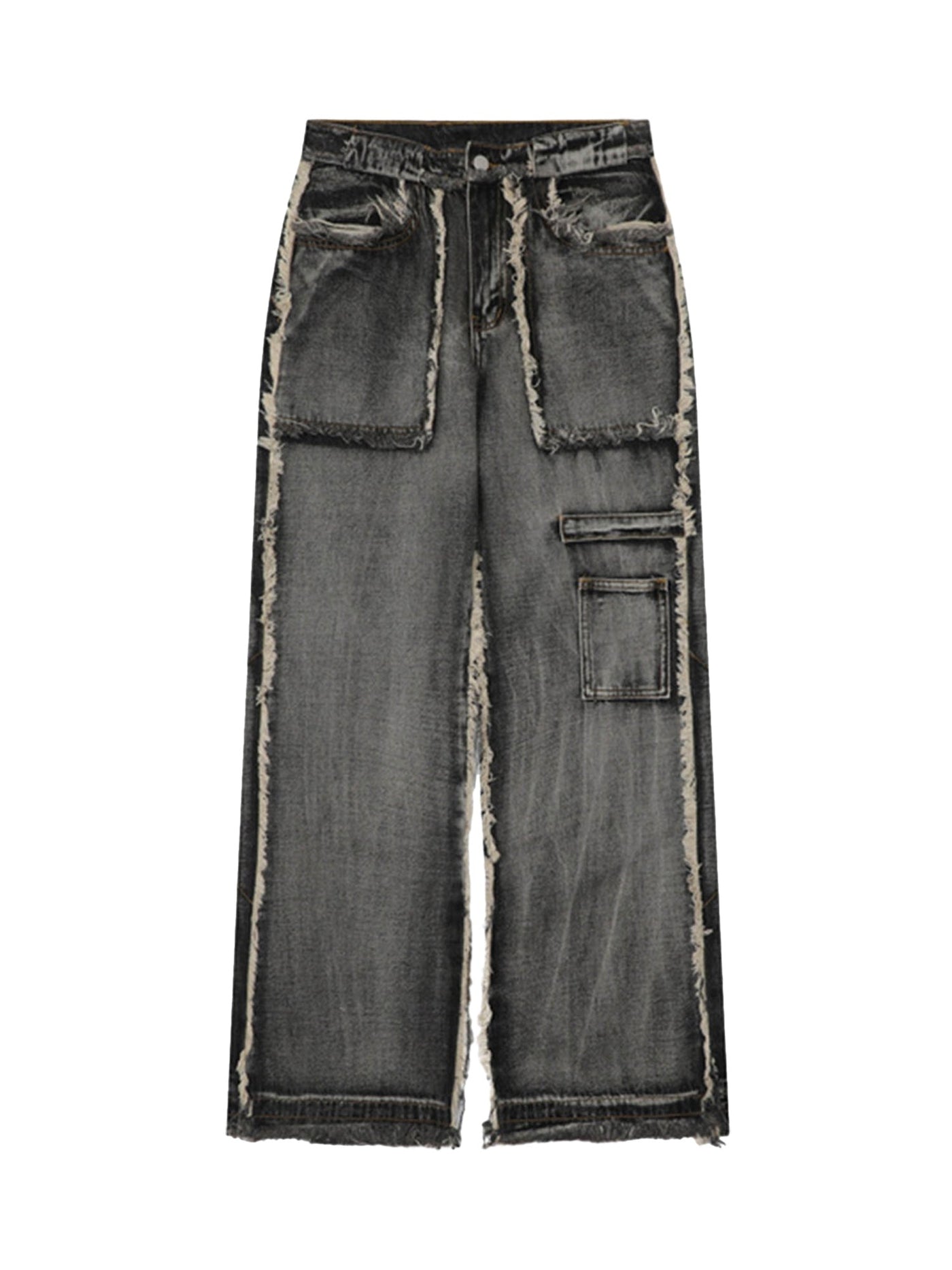 DISTRESSED GRAY DENIM CARGO PANTS MID WAIST STRAIGHT LEG COTTON BLEND